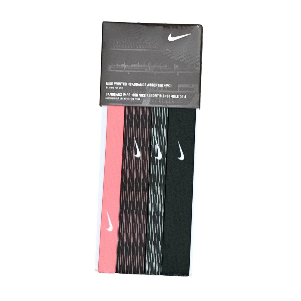 Nike Printed Headbands Assorted 4PK Black Coral Grey Silicone Grip NJN07900OS